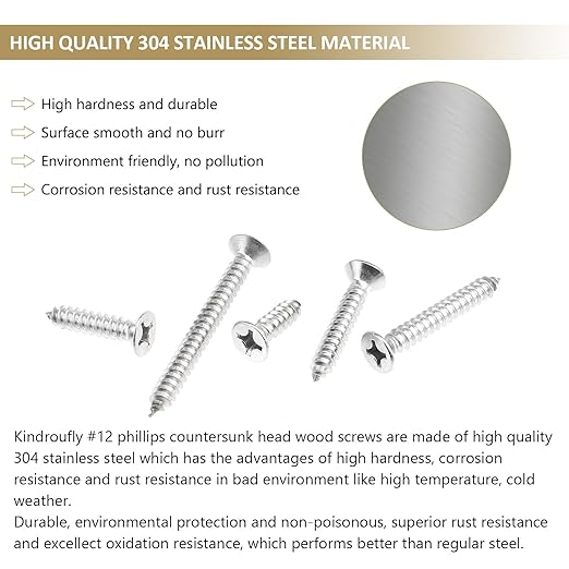 56 Pieces #12 x 3/4" 1" 1-1/4" 1-1/2" 2" Phillips Countersunk Head Self-Tapping Screws, Wood Screws Assortment Kit, 304 Stainless Steel