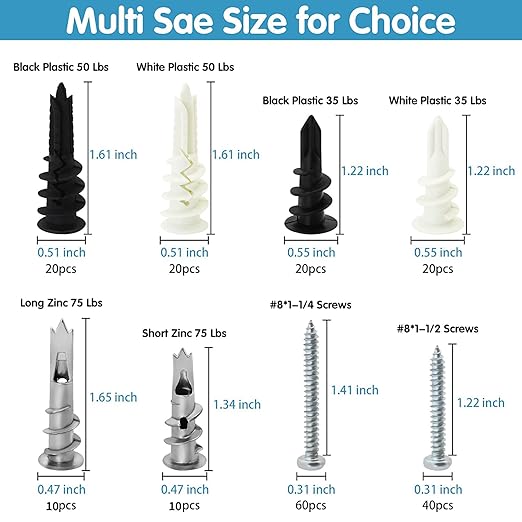 Dry Wall Anchors and Screws Kit, 200PCS Self Drilling Wall Anchors and Screws for Drywall,Sheetrock,Hollow Door,Plaster Wall - Zinc Metal & Nylon Plastic Assortment Drywall Anchors and Screws Kit