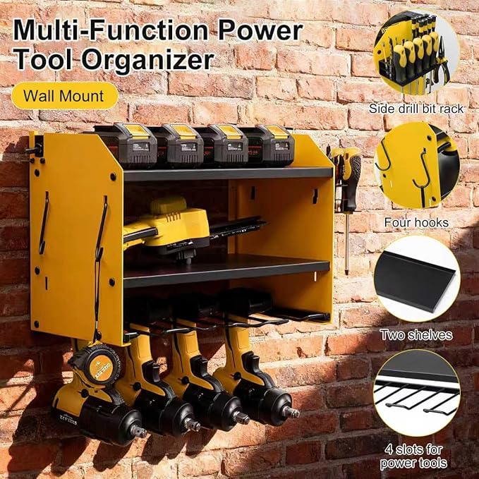 3 layers power tool organizer Loads 150lbs with 4 Cordless Drill Holder and 8 Outlet Power Strip,it’s good choice for husband birthday gift,yellow