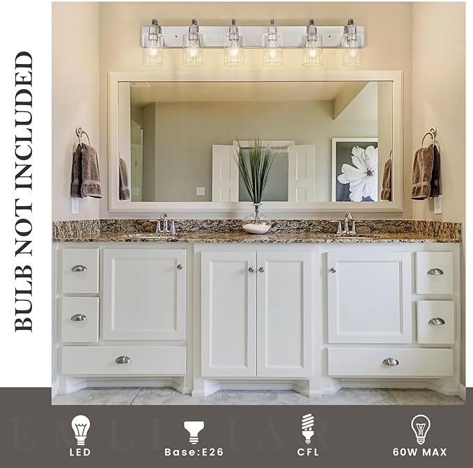 Emliviar Large Bathroom Wall Light, 6-Light Industrial Bathroom Lighting Fixtures Over Mirror, Brushed Nickel Finish with Clear Glass, YCE237B-6W BN