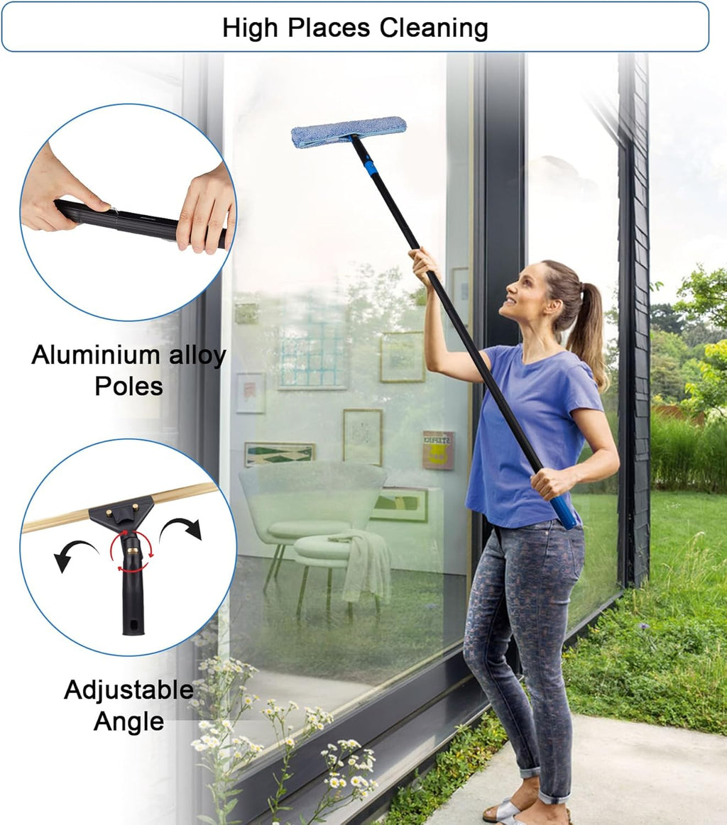 Swivel Squeegee Kit with 4 Extension Poles,Glass Scraper, Bendable Duster, 2 Window Scrubber Cloth for Glass, Car, Floor, Home,Garden