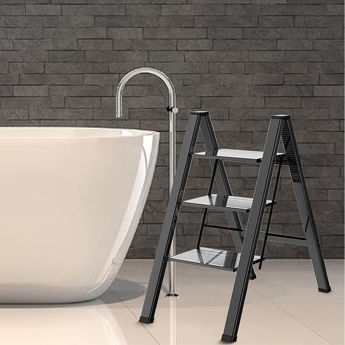 3 Step Ladder, Portable Step Ladder Folding, Lightweight Step Ladder with Anti-Slip Pedal, Aluminum Indoor and Closet, Kitchen, 330lbs - Black