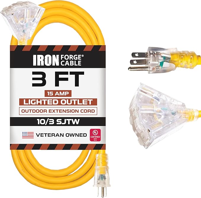Iron Forge Cable 10 Gauge 3ft Lighted Outdoor Heavy Duty Extension Cord with 3 Outlets - 15 Amp 10/3 SJTW Yellow Extension Cord with Multiple Outlets
