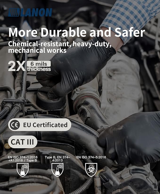LANON 6 mil Black Nitrile Disposable Gloves, EN ISO 374 Chemical Resistant, Heavy-Duty, Mechanic, Textured Fingertips, Latex-Free,Medium