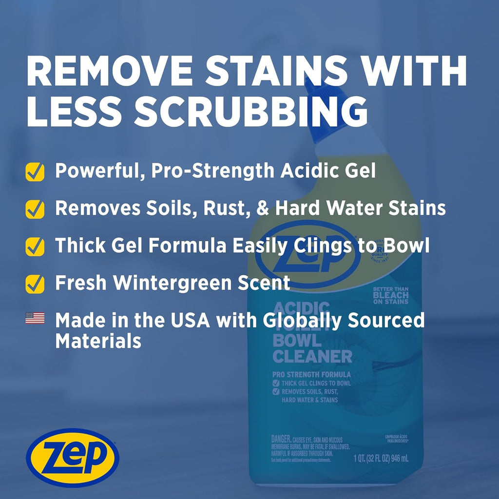 Zep Acidic Toilet Bowl Cleaner - 32 oz (Case of 4) - ZUATBC324 - Experience the Ultimate Cleaning Power with Our 2x Thicker Clinging Formula, Designed to Deliver a Professional-Quality Clean