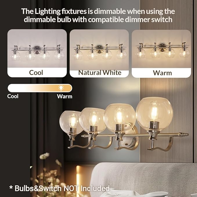 ANDY STAR Bathroom Light Fixtures, Brushed Nickel Vanity Light, 4 Light Bathroom Wall Lights, 30.5 Inch Modern Silver Wall Sconces, E26 Base Bulbs Required, UL Certified