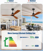 52 Inch Ceiling Fans Without Lights, Outdoor Ceiling Fan No Light with Remote, 3 Downrods, 3 Wood Blades, Timer, 6 Speeds Modern Ceiling Fan Noiseless Reversible DC Motor for Patios Porch Bedroom