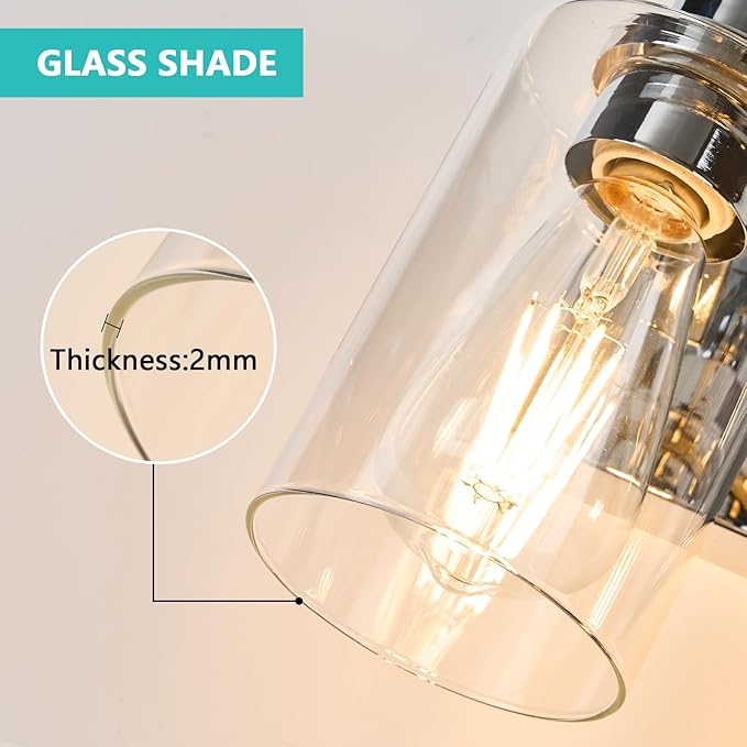 3-Light Bathroom Light Fixtures Modern Chrome Vanity Lights for Bathroom Lighting Fixtures Over Mirror with Clear Glass Shade for Cabinet Mirror Bedroom Hallway