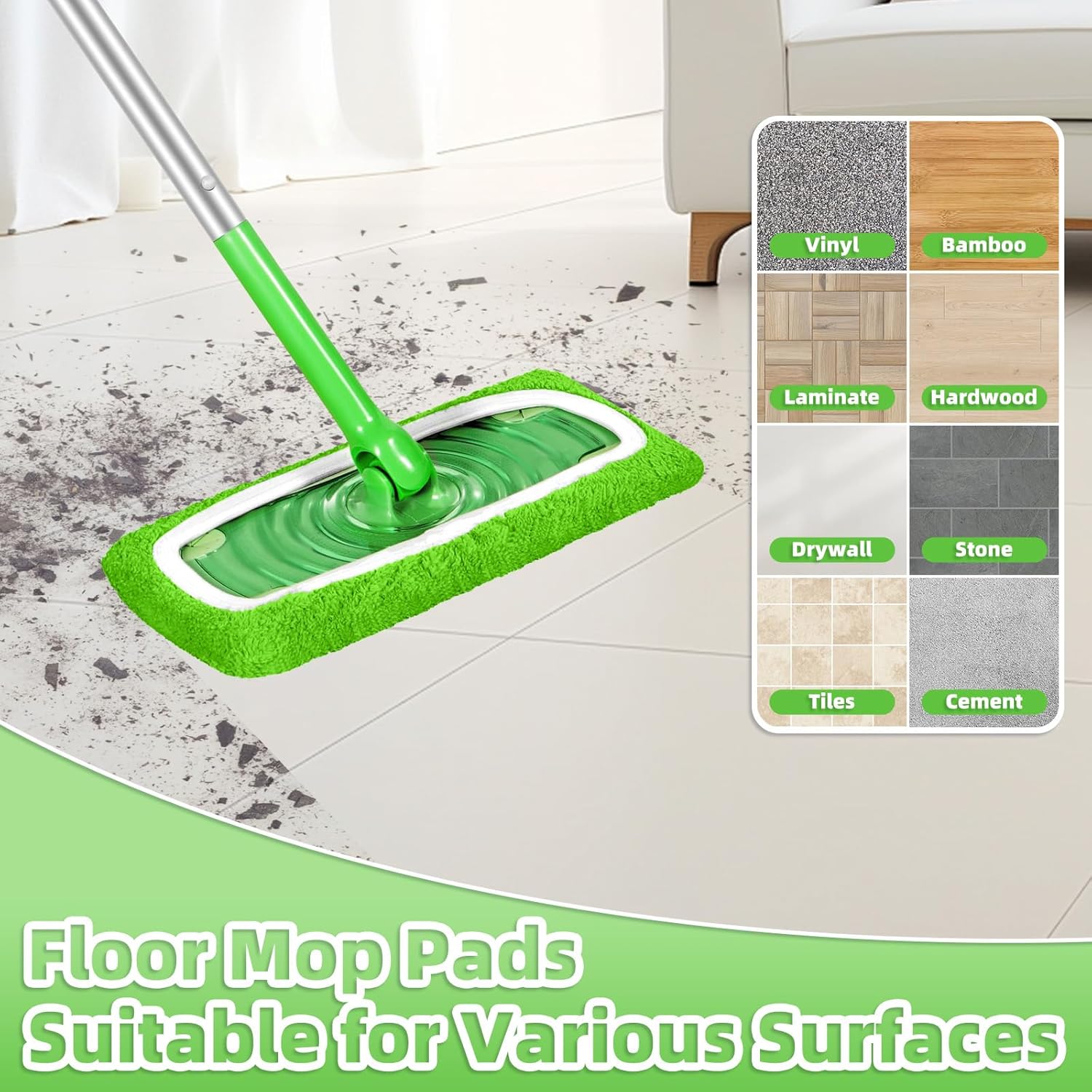Reusable Dry Sweeping Cloths Microfiber Wet Pads Refill Compatible with Swiffer Sweeper Mop, Machine Washable Sweeping Mop Pads for Use on All Sealed Floors - Stone, Hardwood, Laminate & Tile (Green)