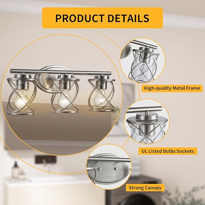 Mavcadonf Modern Vanity Lights with Cage Shade, 3 Lights Over Mirror, Brushed Nickel Bathroom Wall Lamp