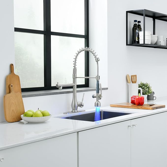 GIMILI Kitchen Faucet with LED Single Handle Kitchen Sink Faucet with Pull Down Sprayer Commercial Double-Headed Stainless Steel Kitchen Faucets Sink with Deck Plate, Brushed Nickel