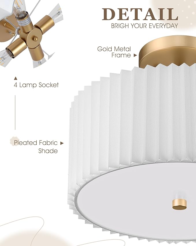 Gold Semi Flush Mount Ceiling Lights, 4-Light 18" Ceiling Light Fixture with White Pleated Fabric Shade, Drum Lamp for Nursery Hallway Bedroom Kitchen, AD-25036-4SF-GD