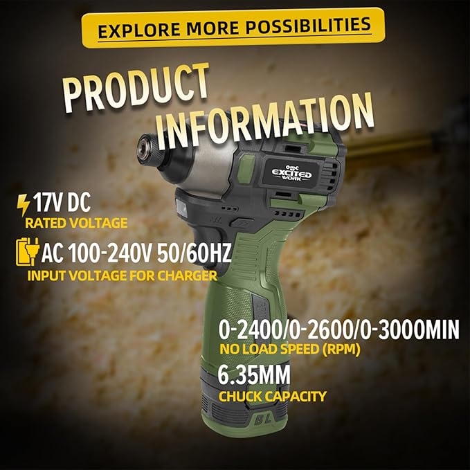 17V Brushless Screwdriver Drill Set, 140Nm Cordless Impact Driver & 55Nm Electric Drill with 3 Adjustable Speed, 2 Batteries and Led Work Light