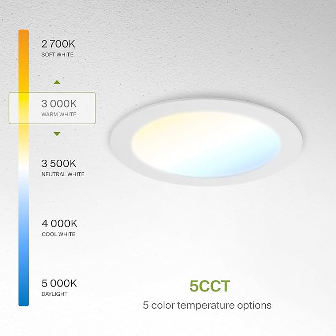 ASD 6 Pack LED Recessed Lighting 6 Inch 15W, 5 CCT 2700K-5000K CRI90+, IC Rated Ultra Thin Dimmable Ceiling Lights with J Box, Canless Wafer Downlight, Round Slim Panel Light, Energy Star ETL, White