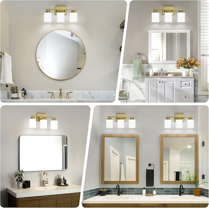 Brushed Gold Bathroom Light Fixtures, 3-Light Modern Vanity Light Over Mirror, Wall Sconces with Milky White Frosted Glass Shades, E26 Socket (Bulbs Not Included)
