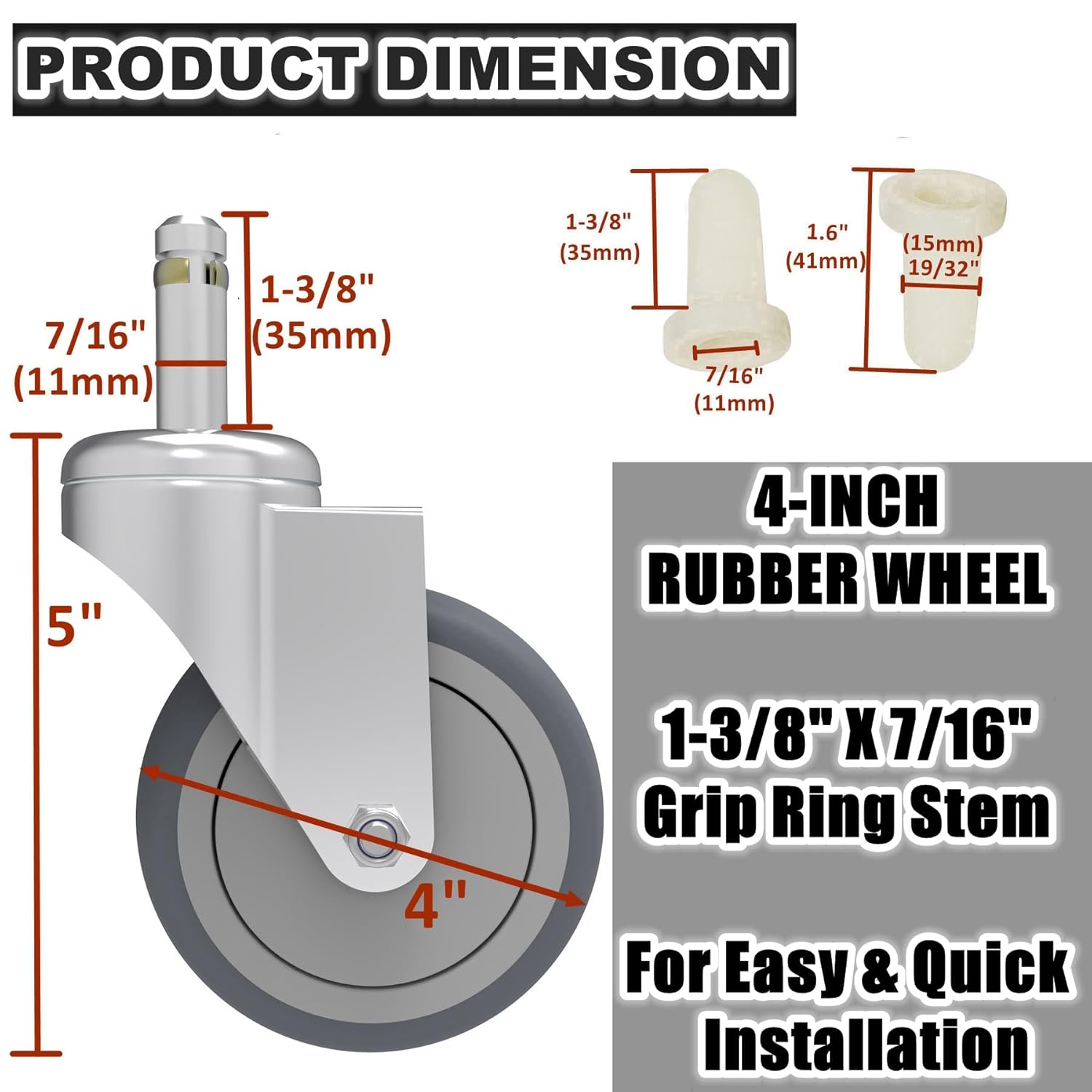 4-Inch Swivel Stem Caster, 7/16-Inch Stem Diameter Rubber Wheel, Heavy Duty TPR Replacement Wheels for Rubbermaid Mop Bucket Cart Grill Casters - 4 Pack