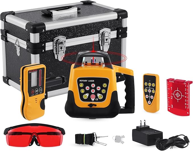 Iglobalbuy Automatic Self-Leveling Rotary Laser Rotating Horizontal & Vertical Laser Level Kit 500M w/Remote Control + Receiver, Leveling Transit Laser Level Red Beam for Construction (Rotary Laser)