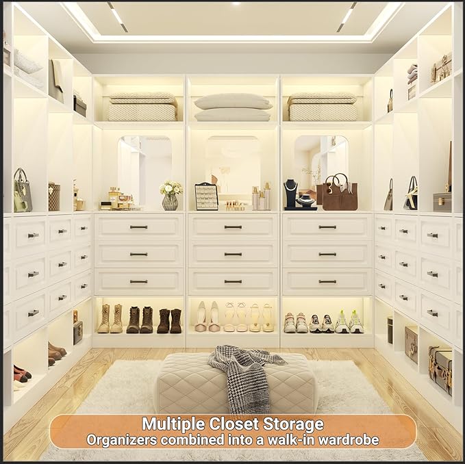 Unikito 50” Freestanding Closet System with 6 Drawers, 4FT Closet Organizer Wardrobe with Storage Shelves and Mirror, Sturdy Wood Walk-in Closet Systems for Bedroom, Max Load 1000 LBS, White