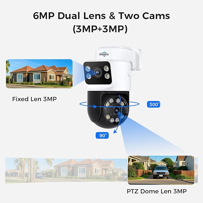 [Dual Lens+Human Tracking] Hiseeu 4K PoE Security Camera System, 4 Pcs 6MP PoE PTZ Cameras, 300°Pan 90°Tilt,Color Night Vision, Motion Detect,2 Way Audio,Smart Playback,0 Fee, 3TB HDD, 7/24 Record