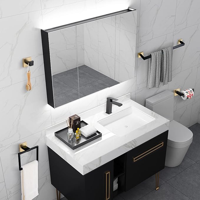 Bathroom Towel Bar Holder Sets Black and Gold 4-Piece Bathroom Hardware Set Stainless Steel Bath Accessories Kit. Wall Mounted,23.6 Inch