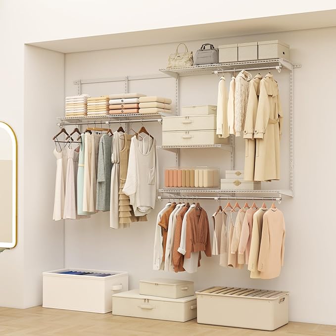 Giantex Closet Organizer System, 4-8 FT Wall-Mounted Closet Shelves and Rod, Adjustable Closet Organization w/ Hanging Rod, DIY Expandable Modular Metal Wire Shelving for Laundry Bedroom (White)