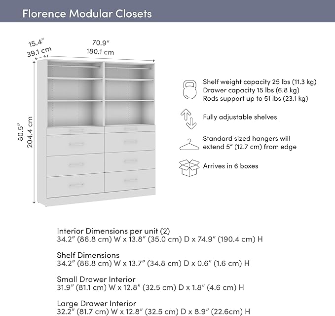 Bestar 71W x 16D Modular Closet Organizer System, Reach-in or Walk-in Closet with Shelves and Drawers, Slab Style, Florence Collection, White