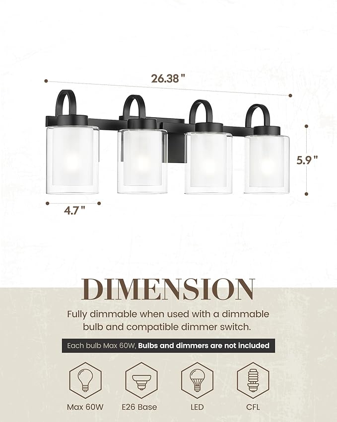 TENGXIN 4-Light Bathroom Light Fixtures, Matte Black Vanity Lights Over Mirror, Farmhouse Wall Sconces with Dual Glass Shade, Modern Wall Lamp for Bathroom Hallway Living Room Cabinet,TXVLBK03