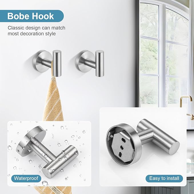 TQKAG 8-Pieces Bathroom Hardware Set Brushed Nickel SUS304 Stainless Steel Bath Towel Bar Set 23.6 Inch Round Bathroom Accessories Kit Wall Mounted