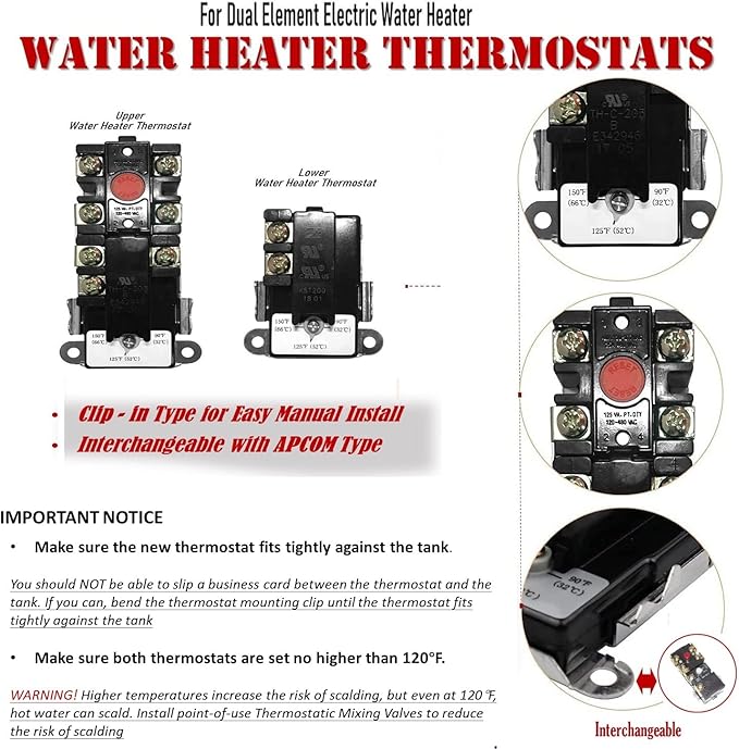 EWH-01 Electric Water Heater Tune-Up Kit, Includes Two Water Heater Thermostats, Two Water Heater Heating Elements - 4500W 240V, T-O-D Style Thermostat, Water Heater Replacement Parts