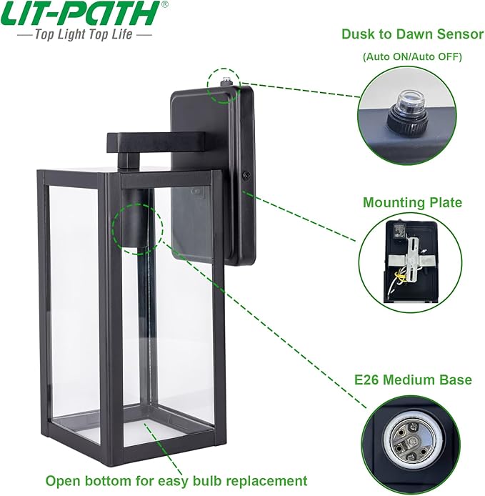 LIT-PaTH Dusk to Dawn Outdoor Wall Lantern, Wall Sconce as Porch Lighting Fixture, E26 Medium Base Max 60W, Anti-Rust Metal with Glass Shade, Black, 1-Pack