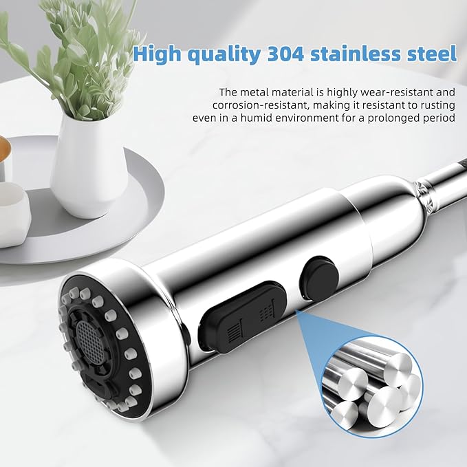 Hibbent Stainless Steels Pull Down Kitchen Faucet Head Replacement, 3 Function Sink Faucet Sprayer Head with 15 Adapters, Compatible with Moen, American Standard, Delta, Kohler Faucets, Chrome