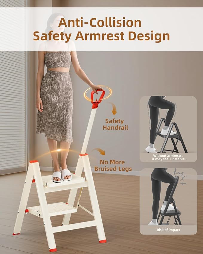 ASPERALD 2 Step Ladder with Single-Handrail,Foldable Step Stool with Anti-Slip Wide Pedals for Home Kitchen Closet,Lightweight Step Folding White