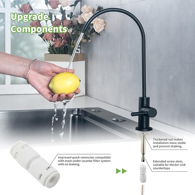 Black Water Filter Faucet, Non Air Gap RO Faucet Stainless Steel for Reverse Osmosis System Easy to Install