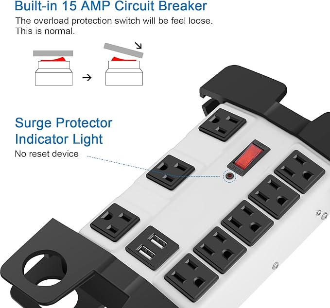 Heavy Duty Power Strip with USB, Workshop 8 Outlet Surge Protector 2700 Joules, Industrial Metal 15Amp Power Strip, 25 FT Extension Cord and Wide Spaced.