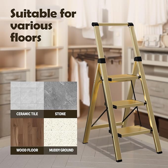 Taranta 3 Step Ladder, Portable Folding Ladder with Wide Pedal, Lightweight Aluminum Step Stool with Convenient Handgrip, 330 lbs Capacity Stepladder for Home, Office - Gold