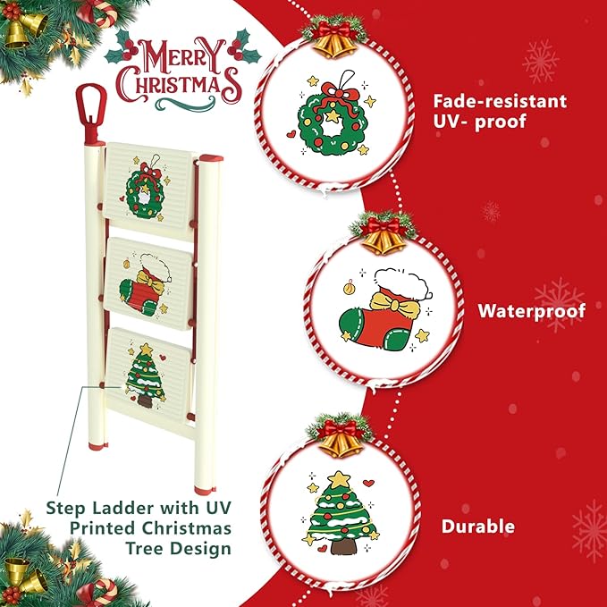 3 Step Ladder, Christmas Tree 3 Step Ladder with Single-Handrail, 3 Step Stool with Anti-Slip Pedals for Home Kitchen,Xmas Decoration Ladder for Tree and Holiday Decoration,600lbs Max Load Capacity