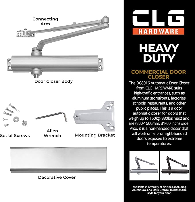 CLG HARDWARE Heavy Duty Commercial Door Closer DC8016 - Slim Line - Surface Mounted, Grade 1- ADA & UL 3 Hour Fire Rated, Adjustable Size 1-6 for Entrances & Aluminum Storefronts - US26D Aluminum