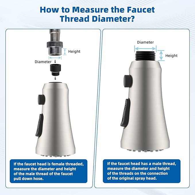 Hibbent Pull Down Spray Head for Kitchen Faucet, 3-Function Spray Nozzle with 15 Adapters, Straight Sink Faucet Head Replacement Compatible with Moen, Delta, Kohler, American Standard, Brushed Nickel