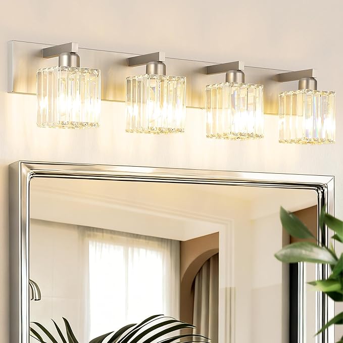 Aipsun Brushed Nickel Bathroom Lighting Fixtures 4 Light Crystal Modern Bathroom Vanity Light (Exclude Bulb)