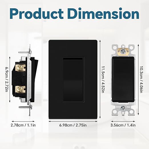 ThunderWay Matte Black Single Pole Decorator Light Switch with Screwless Wall Plate, 15 A 120/277 V, ON/Off Rocker Paddle Interrupter, Self-Grounding, Residential Grade,UL Listed (10 Pack)