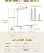 Emak 32 Inch Dining Room Light Fixtures Over Table, Brushed Nickel Kitchen Island Lighting with Seeded Glass Shade, 3-Light Linear Chandelier Light for Kitchen Island, Dining Room, Bar, IL122-BN-SG-3