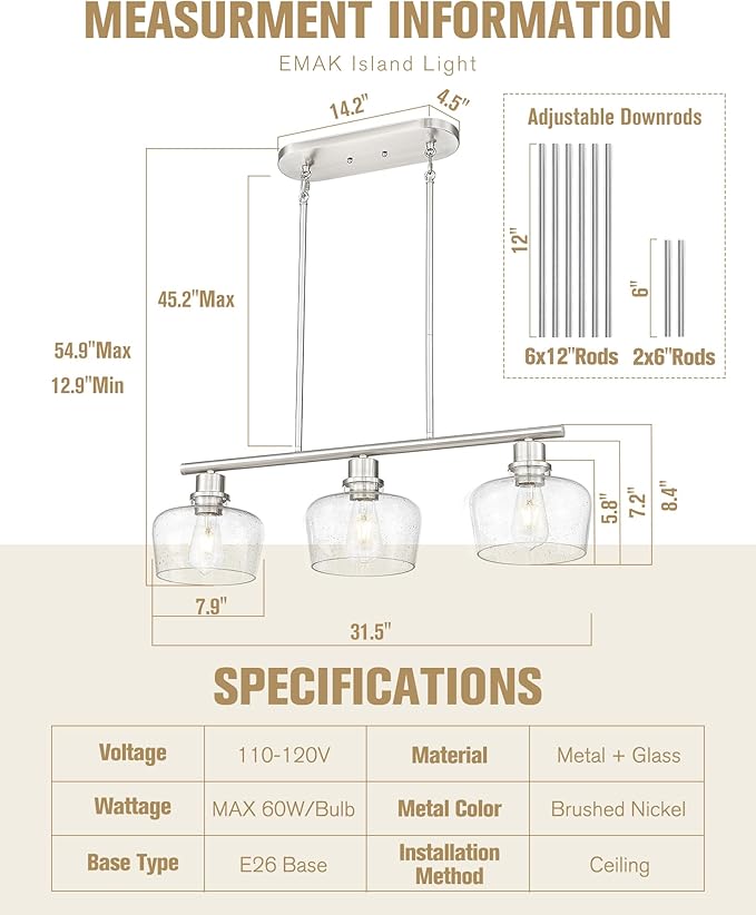 Emak 32 Inch Dining Room Light Fixtures Over Table, Brushed Nickel Kitchen Island Lighting with Seeded Glass Shade, 3-Light Linear Chandelier Light for Kitchen Island, Dining Room, Bar, IL122-BN-SG-3