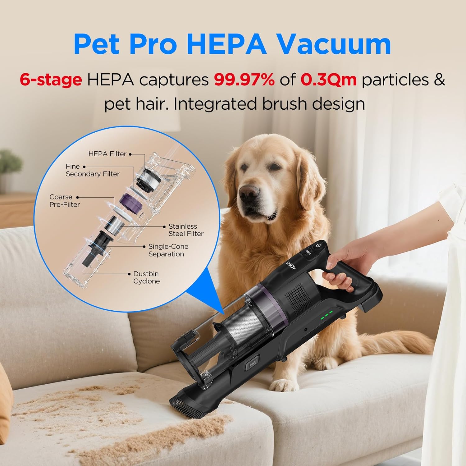 Candy Cordless Vacuum Cleaner,45Mins Vacuum Cleaners for Home,Stick Vacuum,Strong Suction,Removeable Battery,Anti-Tangle,One Click Clean,Lightweight Handheld for Hardwood Floor Carpet Pet Hair Car
