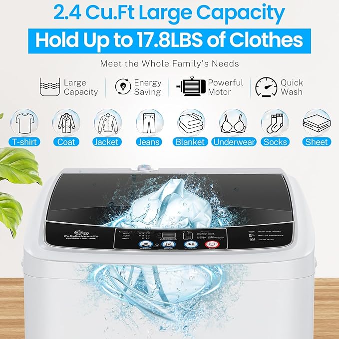 Nictemaw Portable Washing Machine, 17.8Lbs Portable Washer 2.4 Cu.ft Full Automatic Washing Machine with 10 Programs 8 Water Levels, LED Display, Drain Pump, Ideal for Apartment, Home, RVs