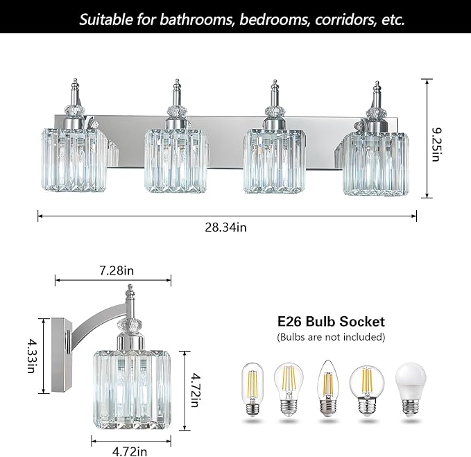 Crystal Vanity Lights Chrome 4 Light Bathroom Light Fixtures Over Mirror Modern Vanity Light for Bathroom