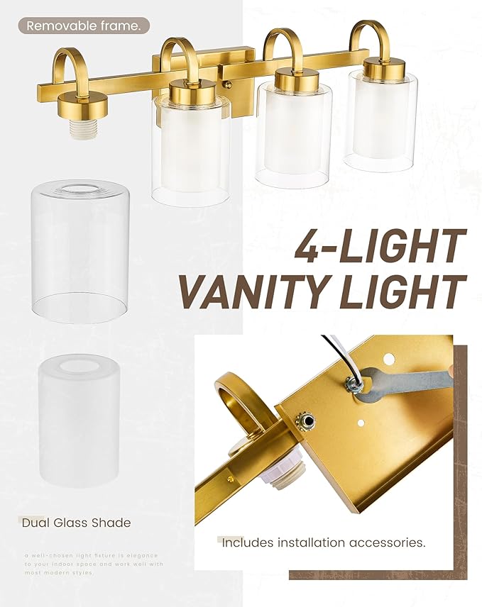 TENGXIN 4-Light Bathroom Vanity Light, Brushed Gold Vanity Light Over Mirror, Modern Wall Light Fixtures with Dual Glass Shade, Wall Lights for Mirror Bedroom Living Room E26 Base