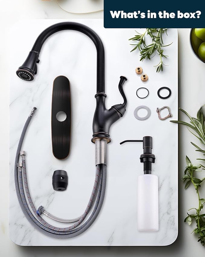 APPASO Oil Rubbed Bronze Kitchen Faucet with Soap Dispenser, Stainless Steel Kitchen Faucet with Pull Down Sprayer 3-Function High Arc Single Handle Bronze Kitchen Sink Faucet