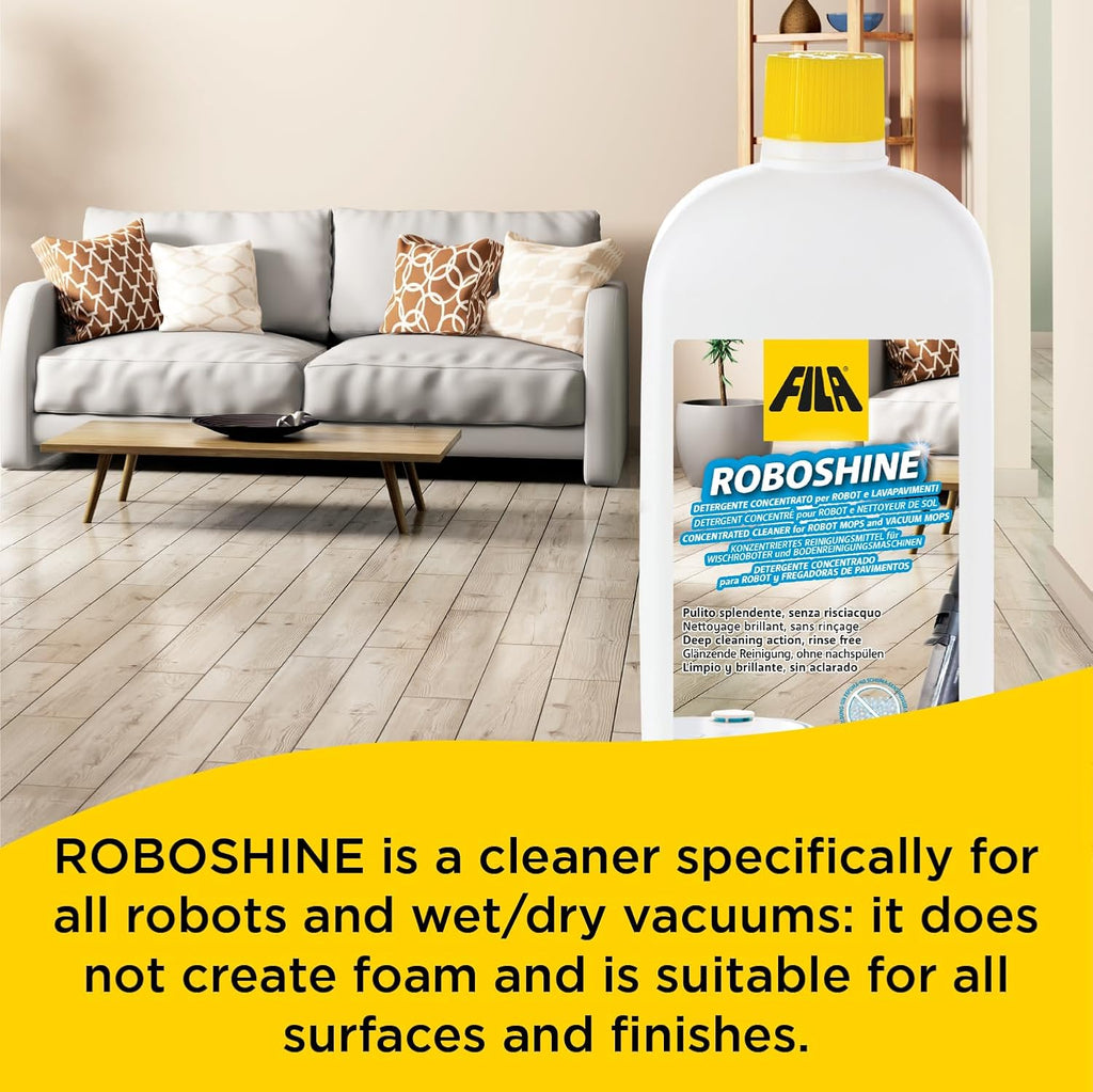 FILA Surface Care Solutions, ROBOSHINE, Detergent for All Robot Vacuum and Mop Combo and Wet Dry Vacuum Cleaner, Up to 100 Washes, Hard Floor Cleaner Mop Liquid for All Floor Tiles, 1Qt