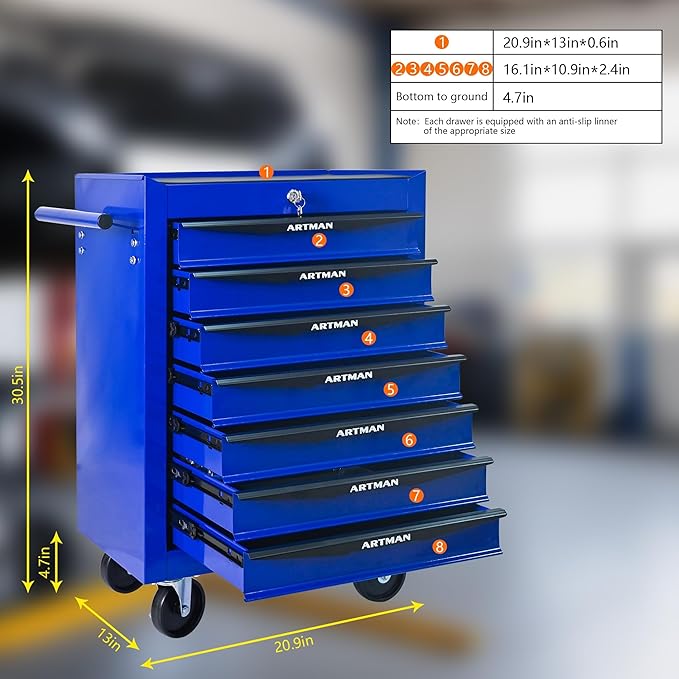 7-Drawer Steel Rolling Tool Cart with Wheels & Handle, Heavy-Duty Tool Chest Storage Cabinet for Garage and Workshop