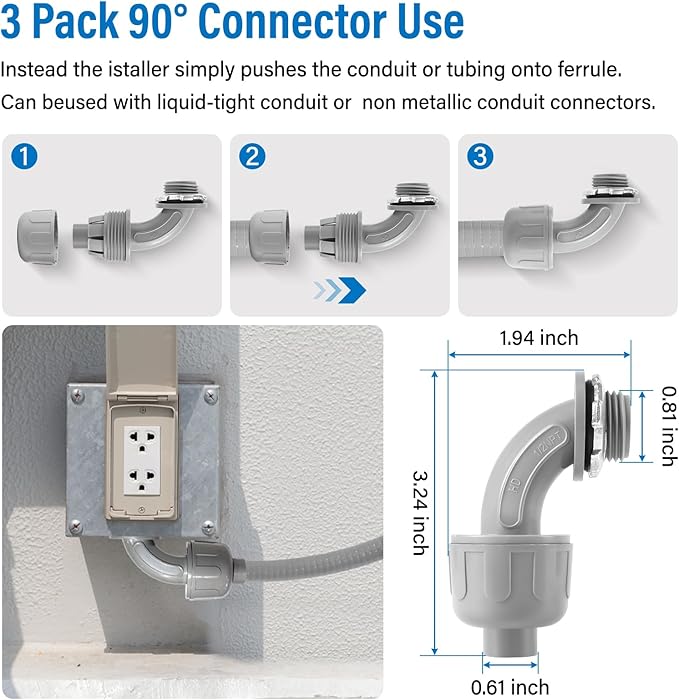 1/2-Inch Electrical Conduit Connector Kit,8-Pack Nonmetallic Plastic Liquid Tight Connector with 5 Straight,3 90 Degree Angle Fittings